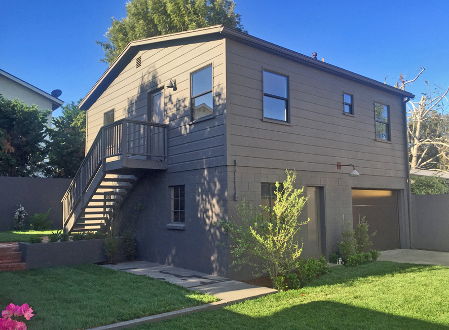 Back guest house at the Palm Modern Farmhouse project. This black guest house was painted in "Intellectual" from Sherwin Williams.